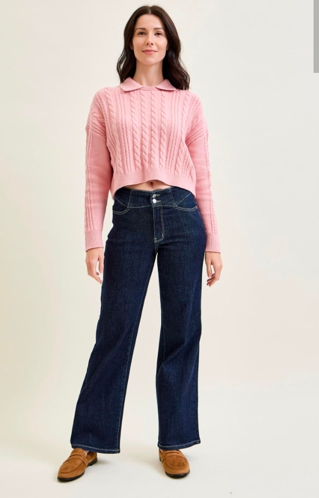 JUDY BUE HIGH WAIST RINSE WASH GEOMETRIC WAISTBAND & POCKET EMBROIDERY WIDE LEG