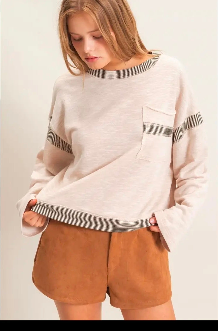 Oatmeal striped trim pocket sweatshirt