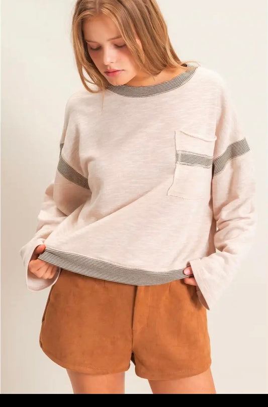 Oatmeal striped trim pocket sweatshirt