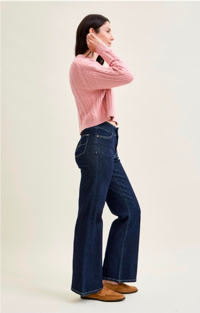 JUDY BUE HIGH WAIST RINSE WASH GEOMETRIC WAISTBAND & POCKET EMBROIDERY WIDE LEG