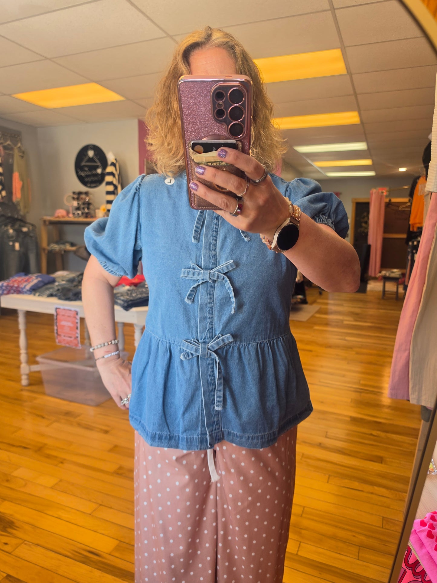 Blue tie denim blouse