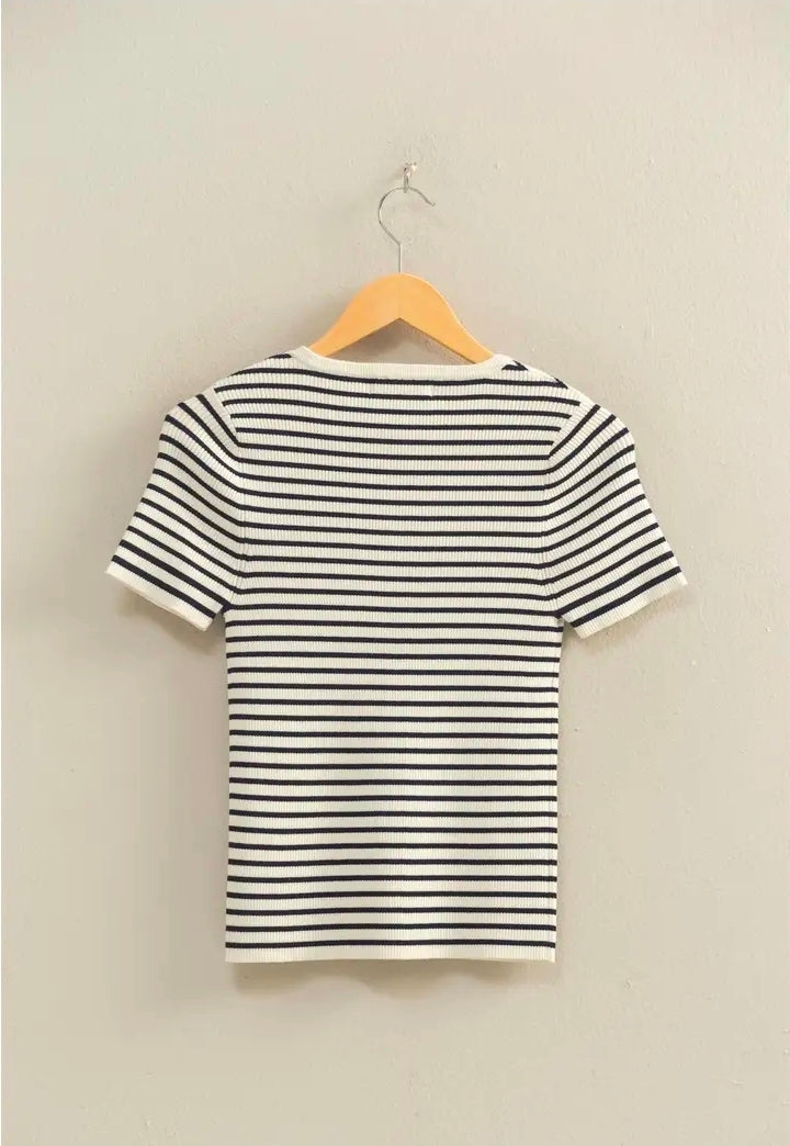 Navy stripe ribbed knit top