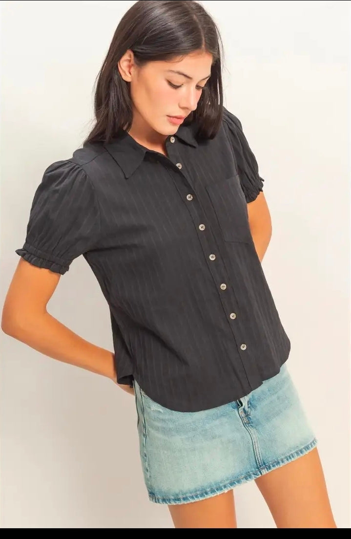 Black button up short sleeve shirt