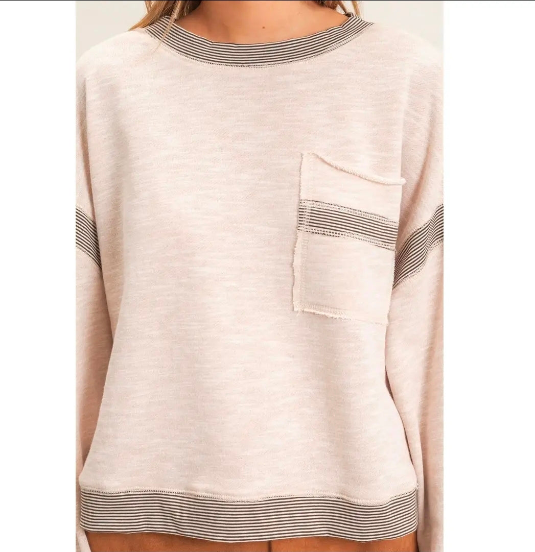 Oatmeal striped trim pocket sweatshirt