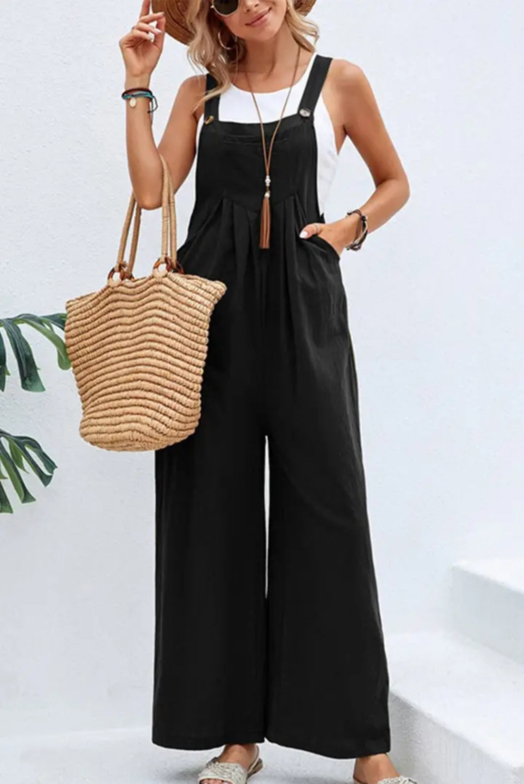 Black Button Cotton Overalls
